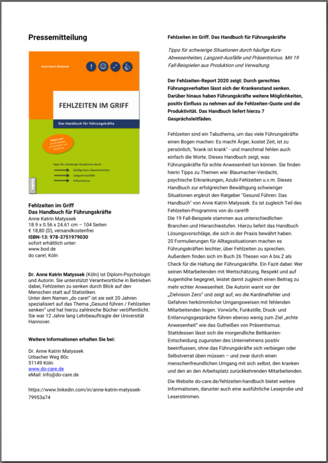 Fehlzeiten im Griff - Das Handbuch für Führungskräfte (Cover)